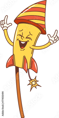 Retro cartoon groovy firework character. Isolated vibrant rocket or petard personage ready for party celebration, flaunting groove 60s or 70s vibes and psychedelic smile, embody carefree funky spirit
