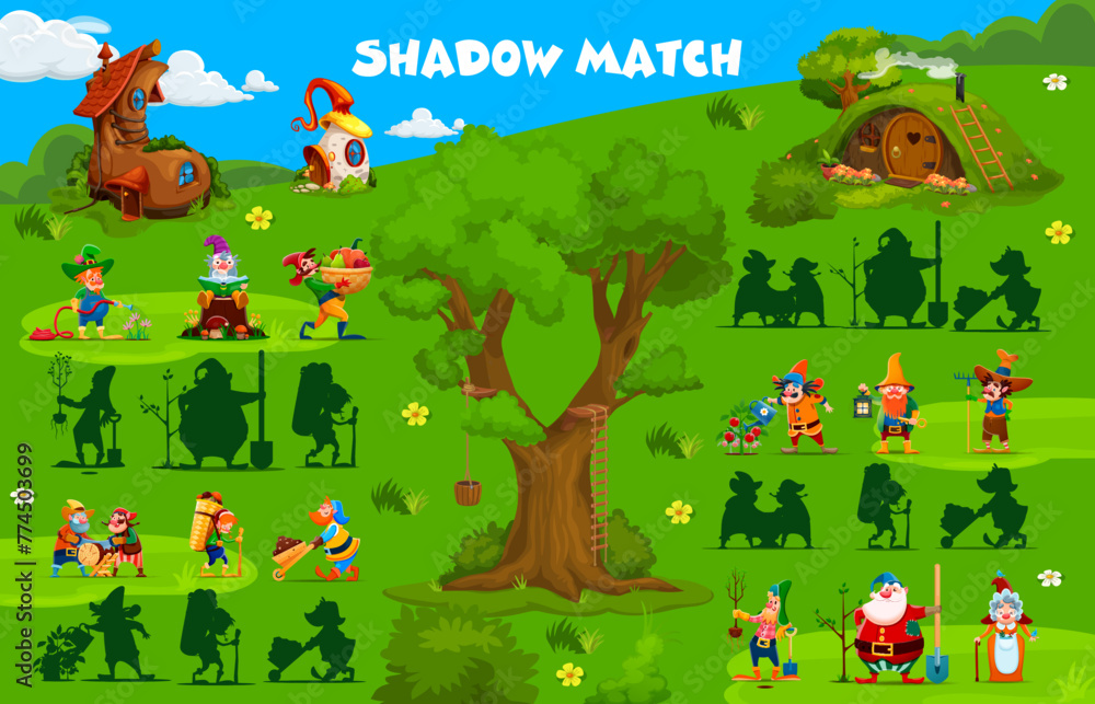 Fototapeta premium Shadow match game with cartoon garden gnome and dwarf characters, vector puzzle worksheet. Find correct shadow of cartoon fairytale funny gnomes at village or forest dwarf with fairy tale houses