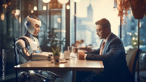 Modern Meeting: Woman, Businessman Engage with AI Technology for Seamless Communication and Translation in Business Environment