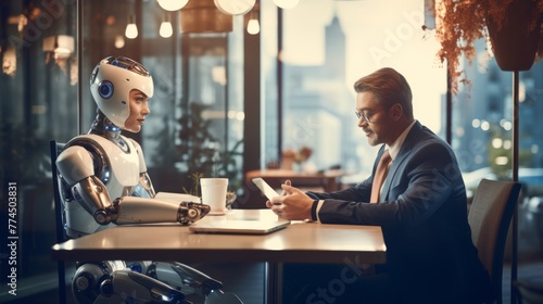 Modern Meeting: Woman, Businessman Engage with AI Technology for Seamless Communication and Translation in Business Environment