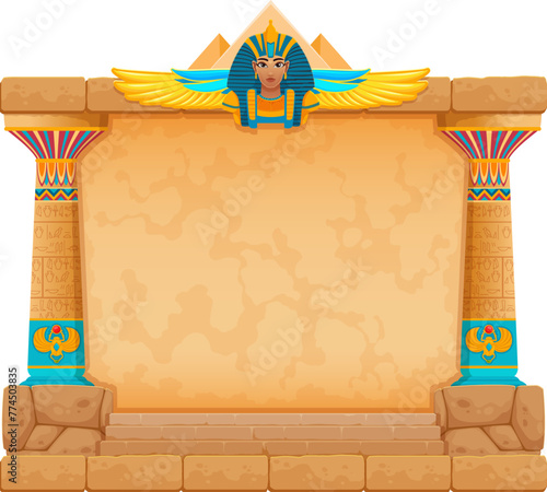 Arcade game frame, ancient Egypt. Vintage Egyptian stone wall. Cartoon vector texture, past civilization construction with pillars and deity or pharaoh monument. Historical quiz, puzzle game gui asset