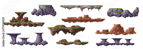 8 bit arcade pixel art game mountain and ground platforms, vector UI assets. Retro video and computer arcade game 2d pixelated rock platforms, floating stone islands and blocks with green grass, moss