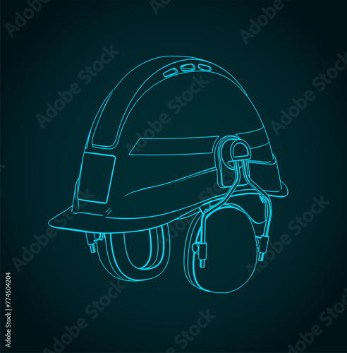 Industrial safety helmet with ear muffs isometric blueprint