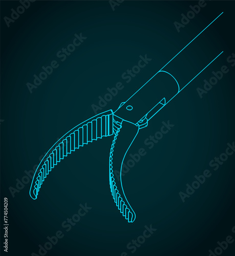 Laparoscopic forceps with curved head isometric blueprint