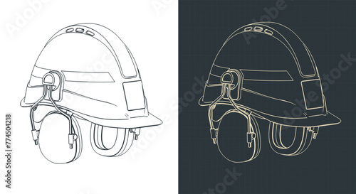 Industrial safety helmet with ear muffs isometric blueprints
