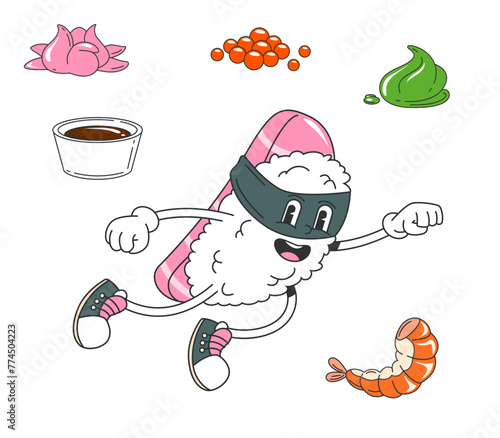 Retro cartoon groovy sushi superhero character with rice body, seaweed mask and salmon slice on back, wields soy sauce, wasabi, ginger, caviar and shrimp, flying with a fist up to battle villains