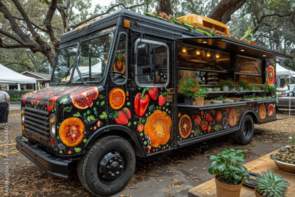 Colorful fruit themed food truck with vegan dishes in outdoor setting