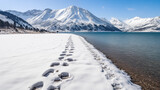 Snowy Footprints Leading to Serene Mountain Lake - Outdoor, Travel, Nature Conservation, Adventure Illustration.