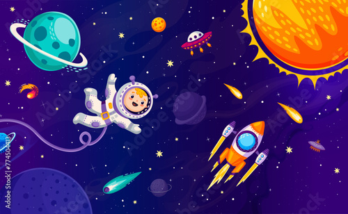 Cartoon kid astronaut character in outer space, galaxy planets and flying starship. Little boy cosmonaut exploring the vast expanse of the universe floats among planets and encounters majestic shuttle