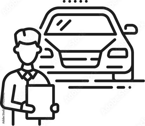Auto dealer, car company, dealership linear icon. Car sale salon, auto rental dealership or automobile service distributor outline vector icon or sign with official dealer manager character
