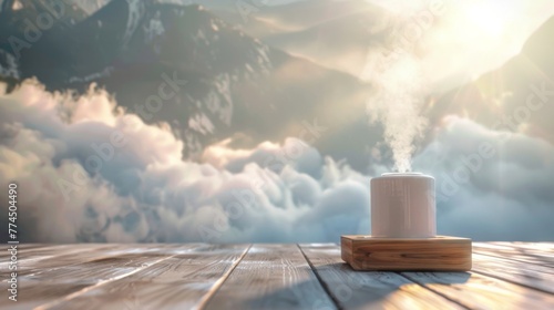 Modern Air Humidifier Operating on Wooden Surface Against Majestic Mountain Backdrop at Dawn