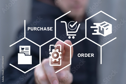 Obraz na płótnie Man using virtual touch screen sees inscription: PURCHASE ORDER. Purchase Order Form Payslip Business E-Commerce Concept. w salonie