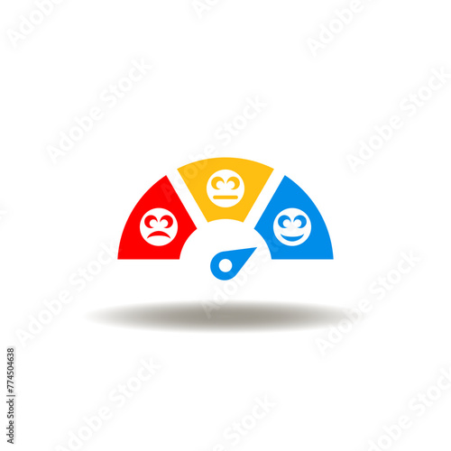 Vector illustration of indicator or meter or spedometer with smile, sad, indifference faces. Icon of NPS Net Promoter Score. Symbol of client satisfaction, feedback, rating, ranking.