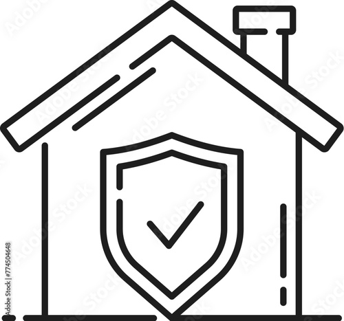 Real estate icon. Insurance for house sign. Commercial real estate rent or sale service or home insurance company outline vector pictogram or symbol with cottage house protected by shield