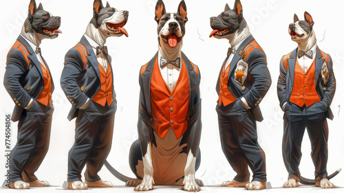 multiple poses of argentinian dogo dog talking, mouth open, dressed very cool,generative ai
