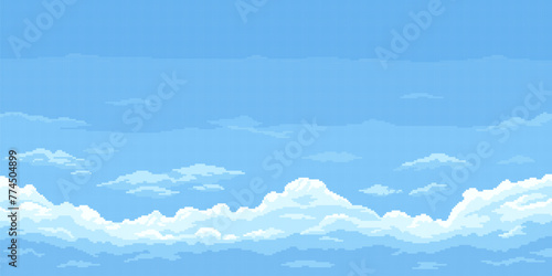 8bit pixel blue sky background with clouds, cloudy game landscape background. Vector heaven cloudscape, gaming level with retro pixelated 2d graphics, create a charming nostalgic natural atmosphere