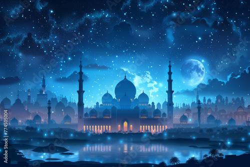Free vector eid mubarak festival mosque greeting background,generative ai