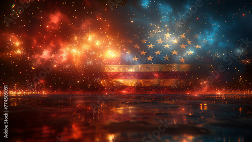 US flag fireworks illuminate the sky, detailed with gold, black, white, and crimson hues.generative ai