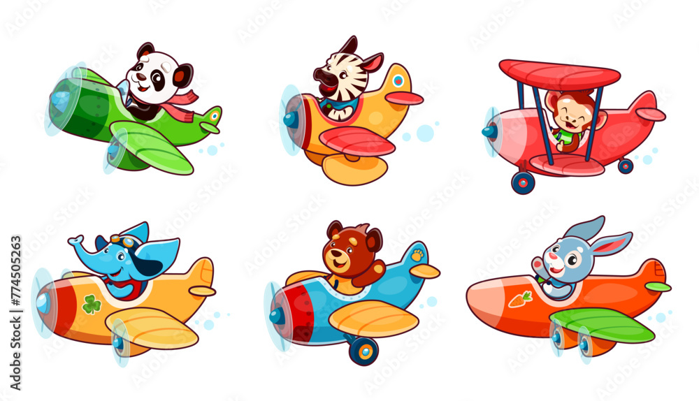 Cartoon cute baby animals characters on planes. Panda and zebra
