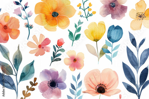 Cute Spring Flower Digital Papers,watercolor clipart,glossy,generative ai