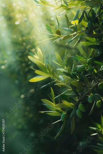Sunlit Green Olives Clinging to a Branch in a Mediterranean Grove at Dawn
