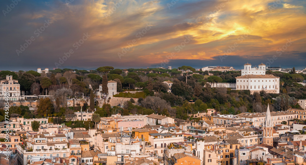 Rome's skyline glows at sunrise or sunset, with cream buildings and a key landmark. A green park in the foreground under a vivid blue and orange sky showcases the city's mix of nature and history.