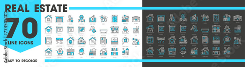 Real estate line icons, mortgage and rent or house apartment insurance, vector pictogram. Real estate icons of residential property amenities, house sale realtor or smart home and purchase contract