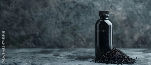 Activated carbon in bottle used for various purposes like water purification decaffeination and metal extraction. Concept Water Purification, Decaffeination, Metal Extraction, Activated Carbon photo