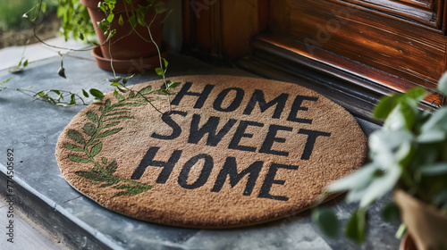 Home Sweet Home Welcome Mat At Front Door of House. Generative AI.