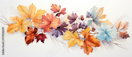 The image shows an assortment of painted leaves spread out over a white background  creating a vibrant and colorful display. The leaves are depicted in various shapes and sizes  enhancing the visual
