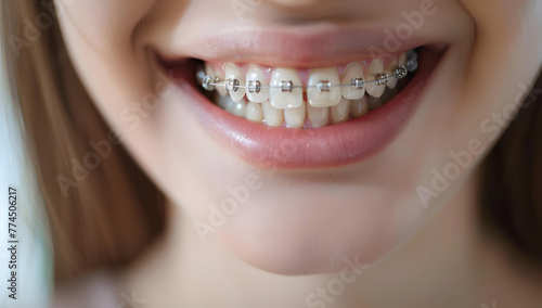 Close-up of a smiling mouth with orthodontic braces on the teeth, indicating dental care and the process of aligning teeth for a healthy smile.