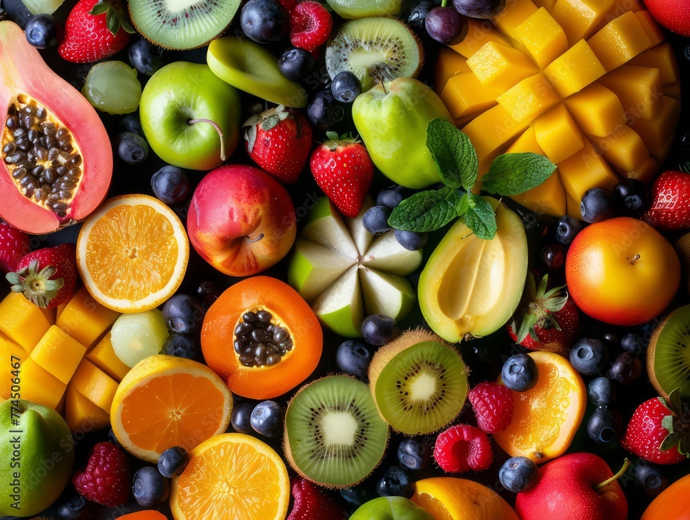 overhead view of mixed fruits, colorful and healthy