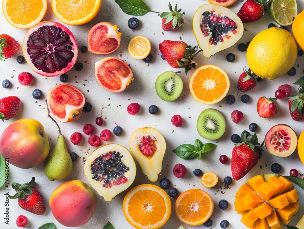 overhead view of mixed fruits, colorful and healthy overhead view of mixed fruits, colorful and healthy