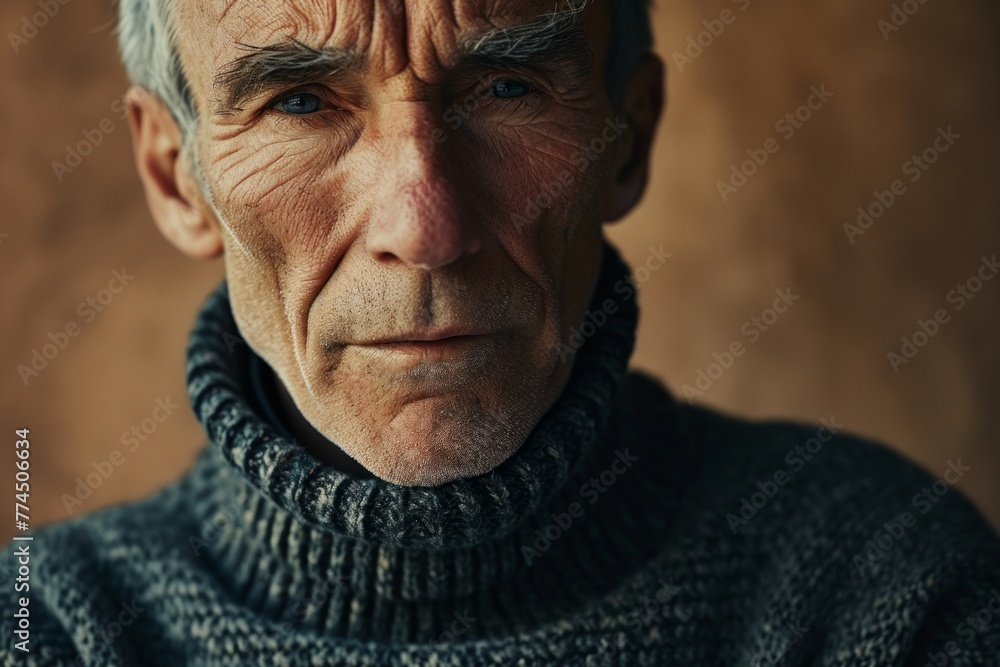 Portrait of an old man in a gray sweater on a brown background