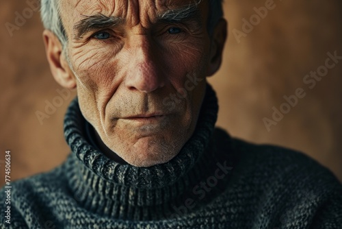 Portrait of an old man in a gray sweater on a brown background