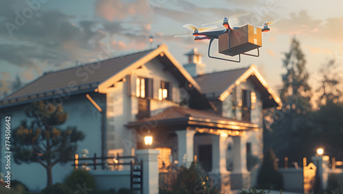 Effortless delivery right to your door: a drone with glowing red navigation lights carries a parcel, illustrating the future of e-commerce logistics. photo