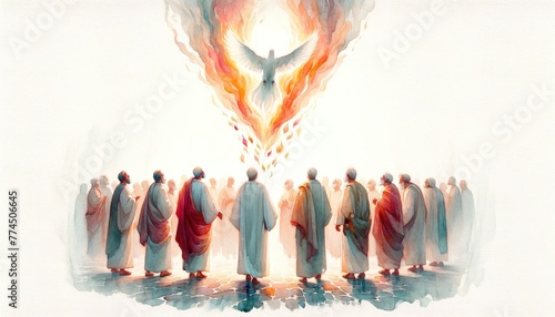 Pentecost. The descent of the Holy Spirit on the followers. People in front of a white dove in a bright fire. Digital painting.  © Faith Stock