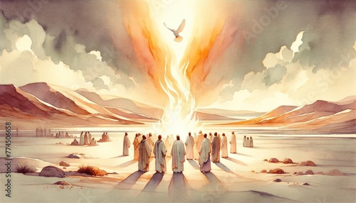 Pentecost. The descent of the Holy Spirit on the followers. People in front of a bright fire with white dove up in the sky. Digital painting.
 photo