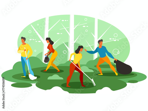 Volunteer team concept. A team of men and women cleaning garbage in the forest. Vector graphics