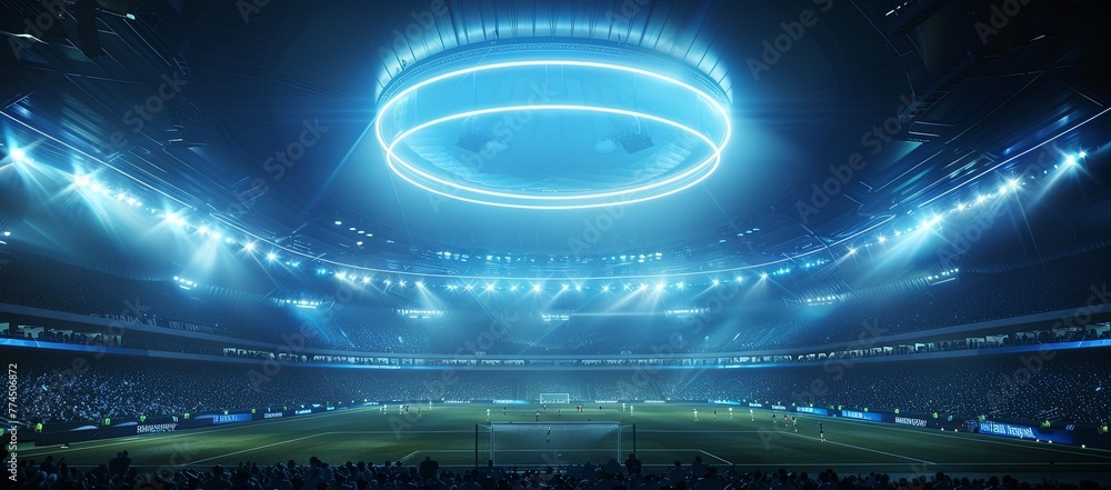 Soccer stadium with a soccer field and stands full of fans - obrazy, fototapety, plakaty 