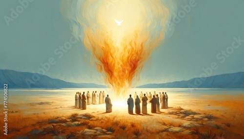 Pentecost. The descent of the Holy Spirit on the followers. People in front of a bright fire with white dove. Digital painting.
 photo