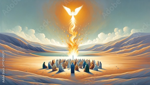 Pentecost. The descent of the Holy Spirit on the followers. People in front of a bright fire with white dove in the sky. Digital painting.
 photo