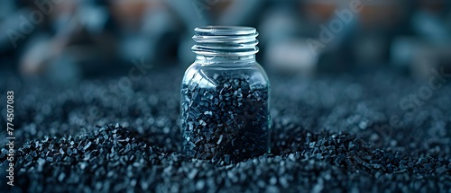 Granular activated carbon in a bottle used for various purification processes like water air and metal extraction. Concept Activated Carbon, Water Purification, Air Filtration, Metal Extraction photo