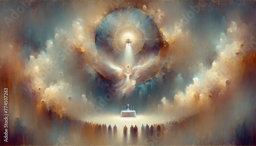 Eucharist. Table symbolizing Lord's supper with angel in the sky. Digital painting. © Faith Stock