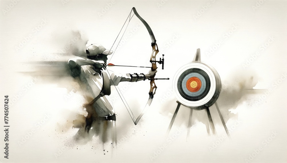 Naklejka premium Olympics. Archery. Digital painting of an archer with a bow and arrow aiming at a target.