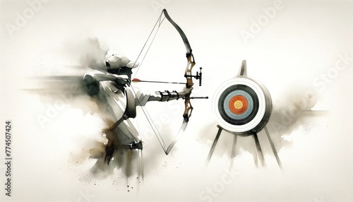 Olympics. Archery. Digital painting of an archer with a bow and arrow aiming at a target. © Faith Stock