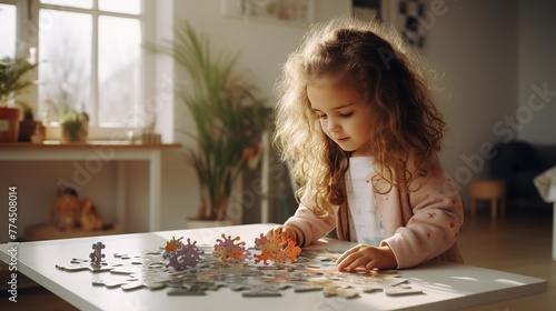 side view of concentrated little girl playing with puzzles at home
 photo