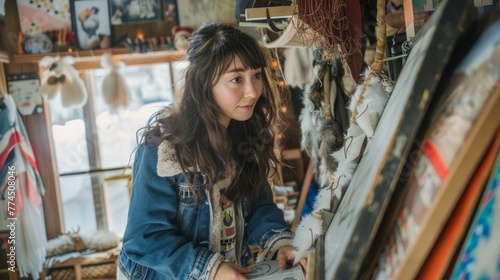 Young Woman Browsing through Artistic Items in Quaint Vintage Shop