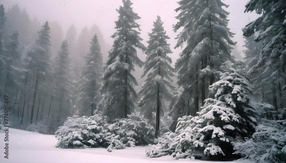 Majestic Snow Covered Pine Trees In A Winter Fore