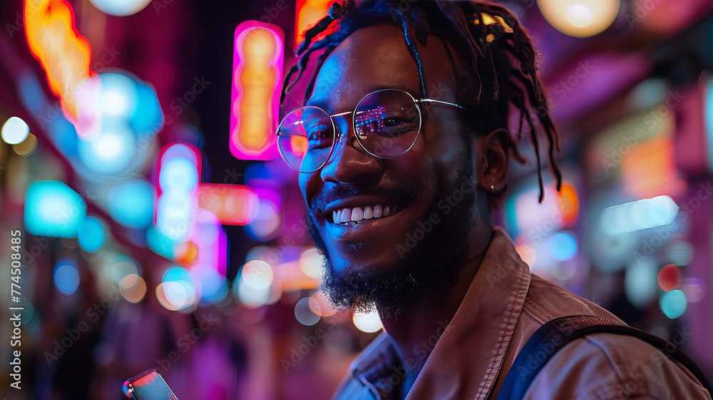 A man in front of the camera, showing his screen phone in the left hand and his screen laptop in the right.generative ai A man in front of the camera, showing his screen phone in the left hand and his screen laptop in the right.generative ai